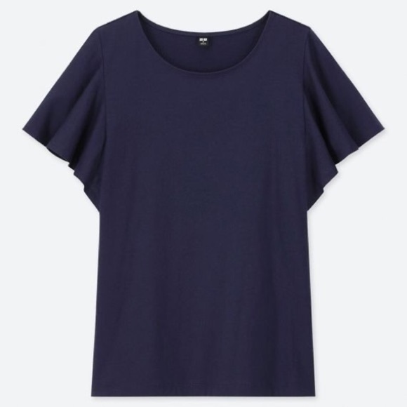 Uniqlo Ruffle Short Sleeve Blouse NAVY - Picture 2 of 4